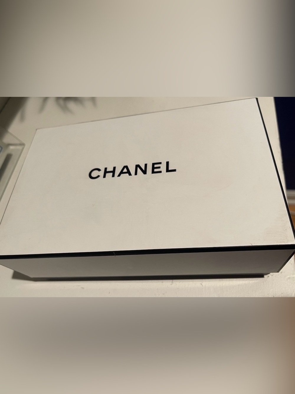 CHANEL Black and White Logo Rectangular Box with metallic ribbon